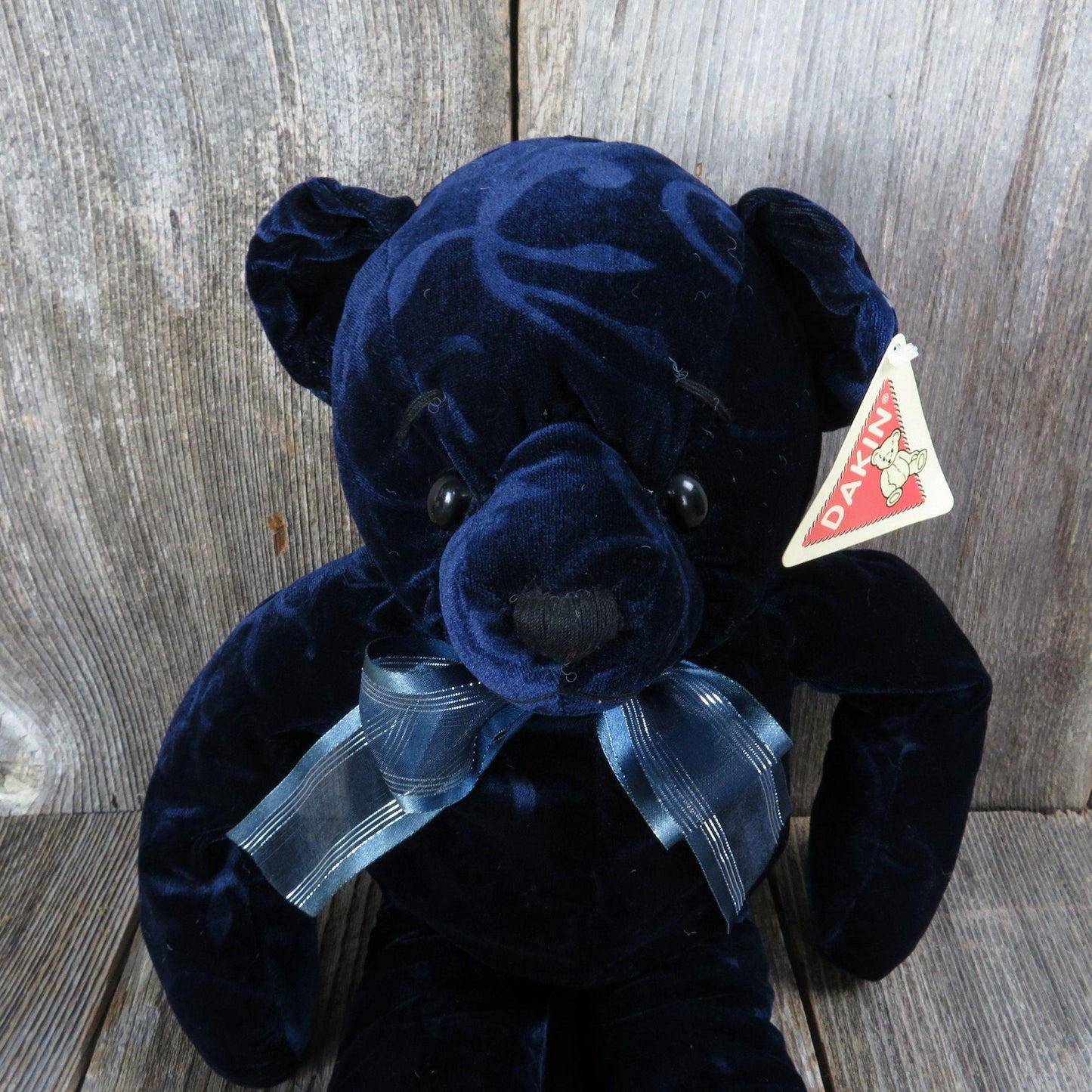 Vintage Embossed Velvet Blue Bear Plush Ribbon Long Legs Dakin Applause Stuffed Animal