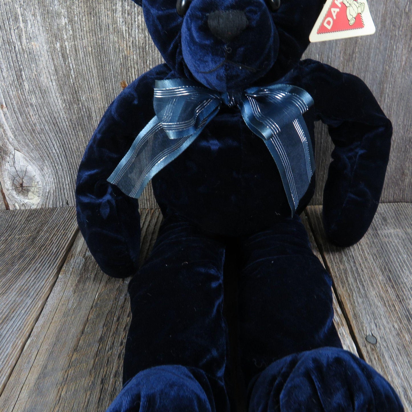 Vintage Embossed Velvet Blue Bear Plush Ribbon Long Legs Dakin Applause Stuffed Animal