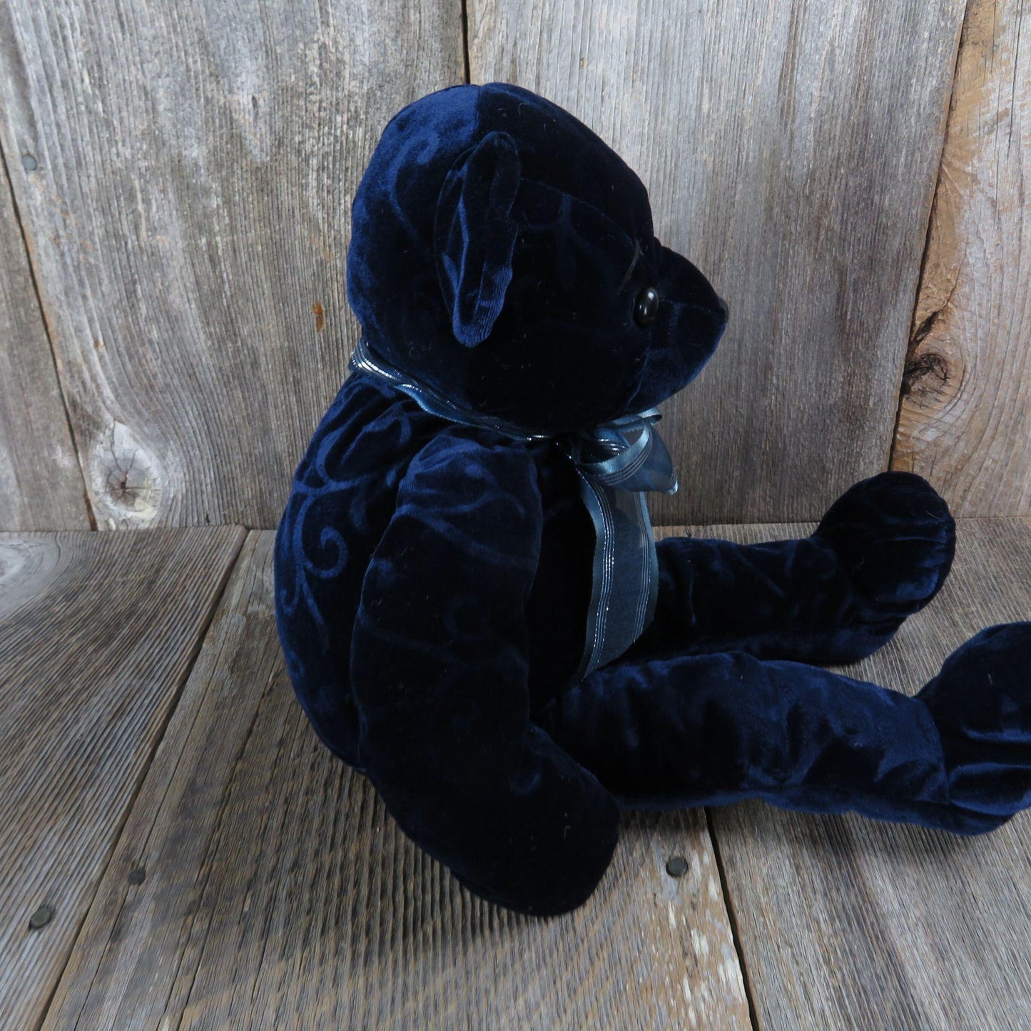 Vintage Embossed Velvet Blue Bear Plush Ribbon Long Legs Dakin Applause Stuffed Animal