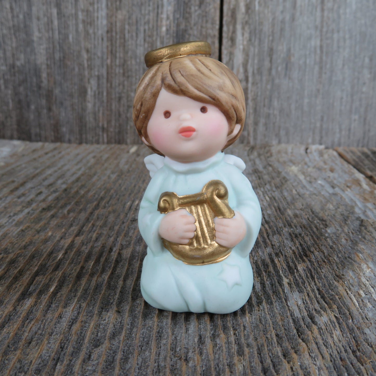 Vintage Angel with Harp Figurine Kneeling with Green Dress Avon Nativity Heavenly Blessings Stars 1987 Christmas