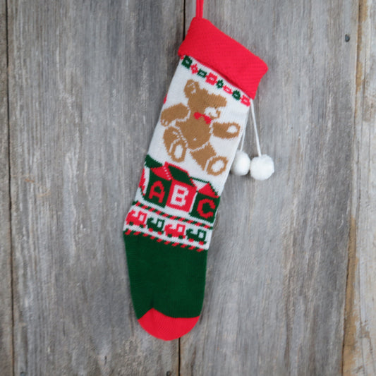 Vintage Teddy Bear Knit Stocking Christmas Building Blocks Knitted Train Red White Pom Pom