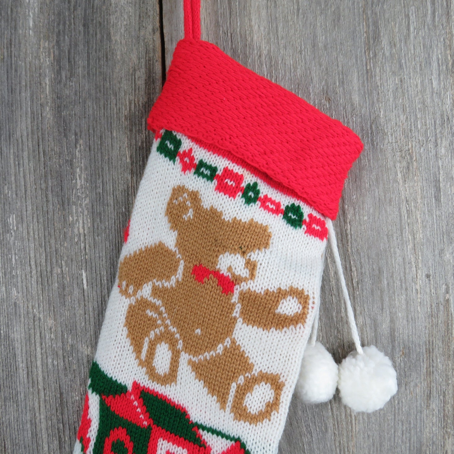 Vintage Teddy Bear Knit Stocking Christmas Building Blocks Knitted Train Red White Pom Pom