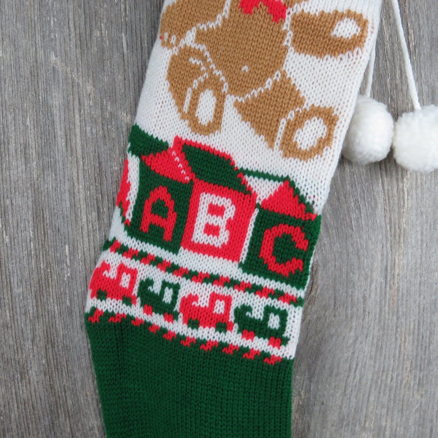 Vintage Teddy Bear Knit Stocking Christmas Building Blocks Knitted Train Red White Pom Pom