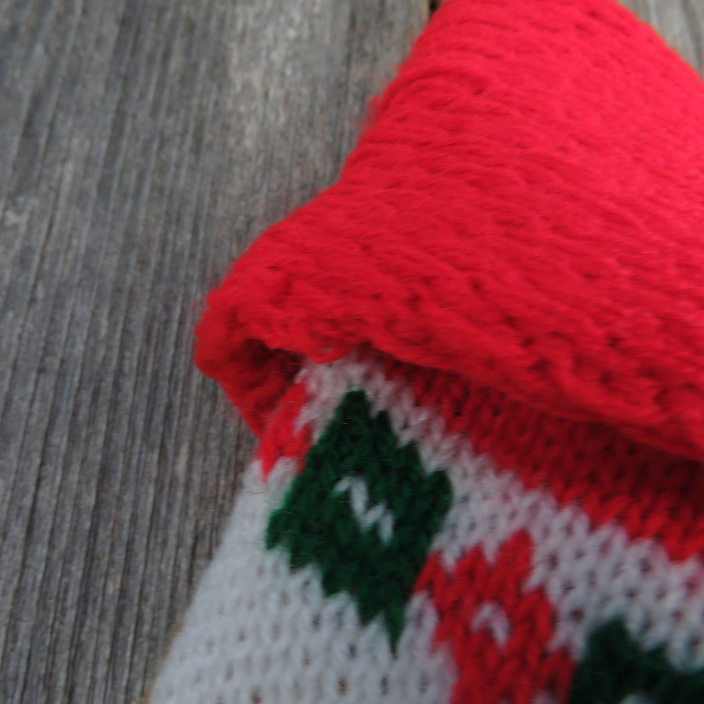 Vintage Teddy Bear Knit Stocking Christmas Building Blocks Knitted Train Red White Pom Pom