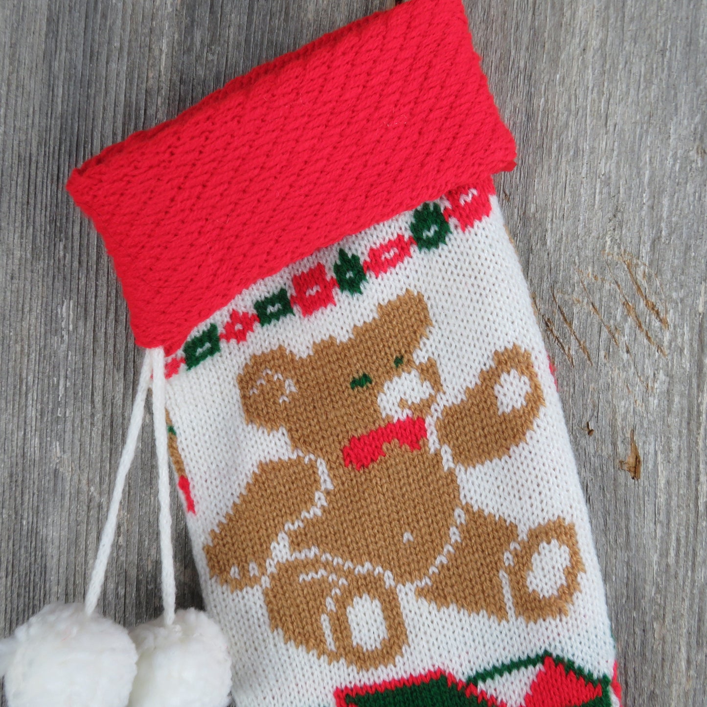 Vintage Teddy Bear Knit Stocking Christmas Building Blocks Knitted Train Red White Pom Pom