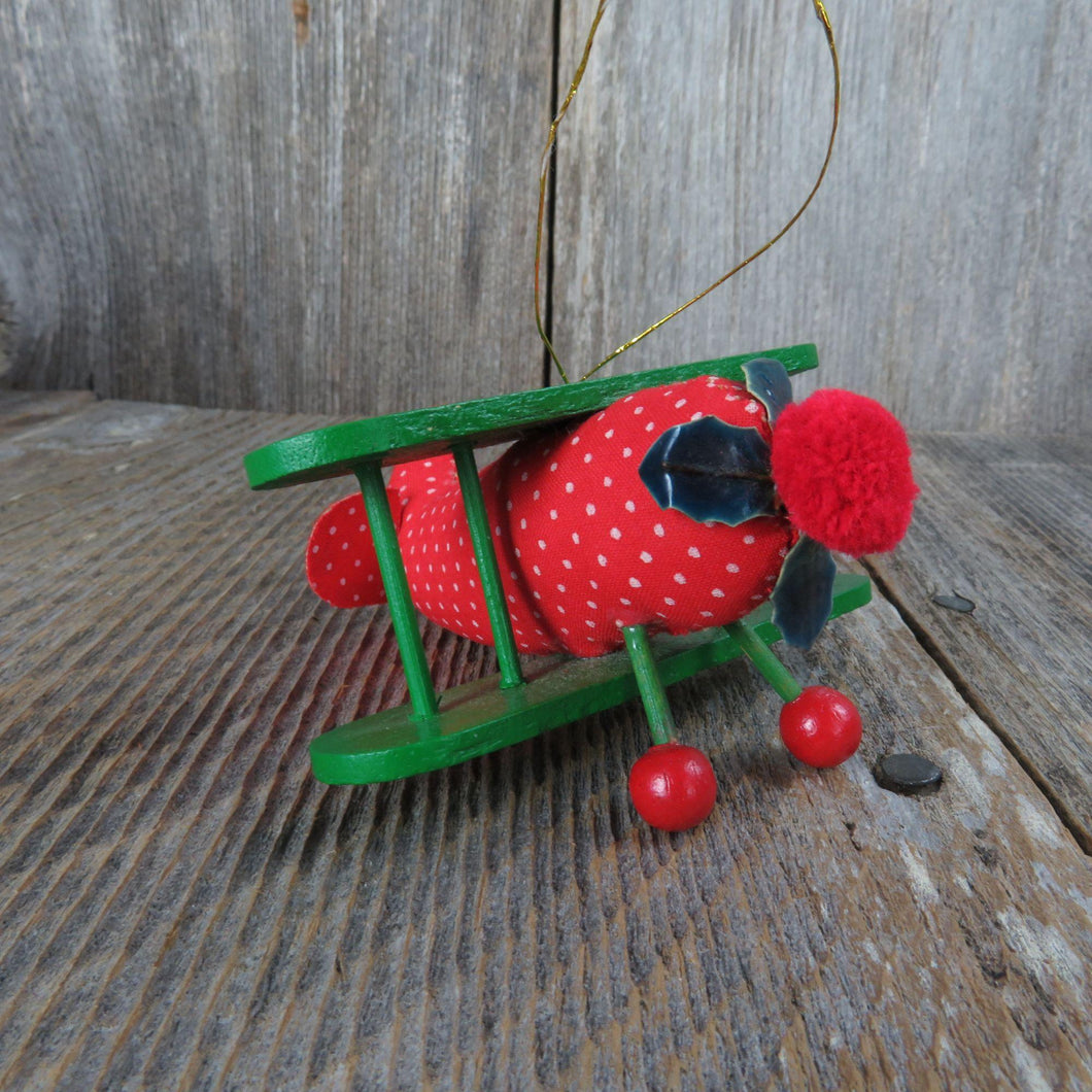 Vintage Biplane Wood Ornament Plush Fabric Red Green Russ Wooden Airplane Christmas Red Holly Propeller