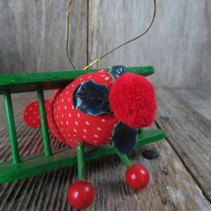 Vintage Biplane Wood Ornament Plush Fabric Red Green Russ Wooden Airplane Christmas Red Holly Propeller