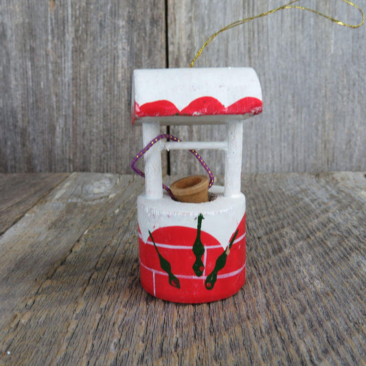Vintage Wishing Well Wood Ornament Christmas Red White Bucket Wooden Scene Figurine Village