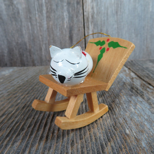 Vintage White Cat on Rocking Chair Wood Ornament Wooden Kitten Bow Christmas