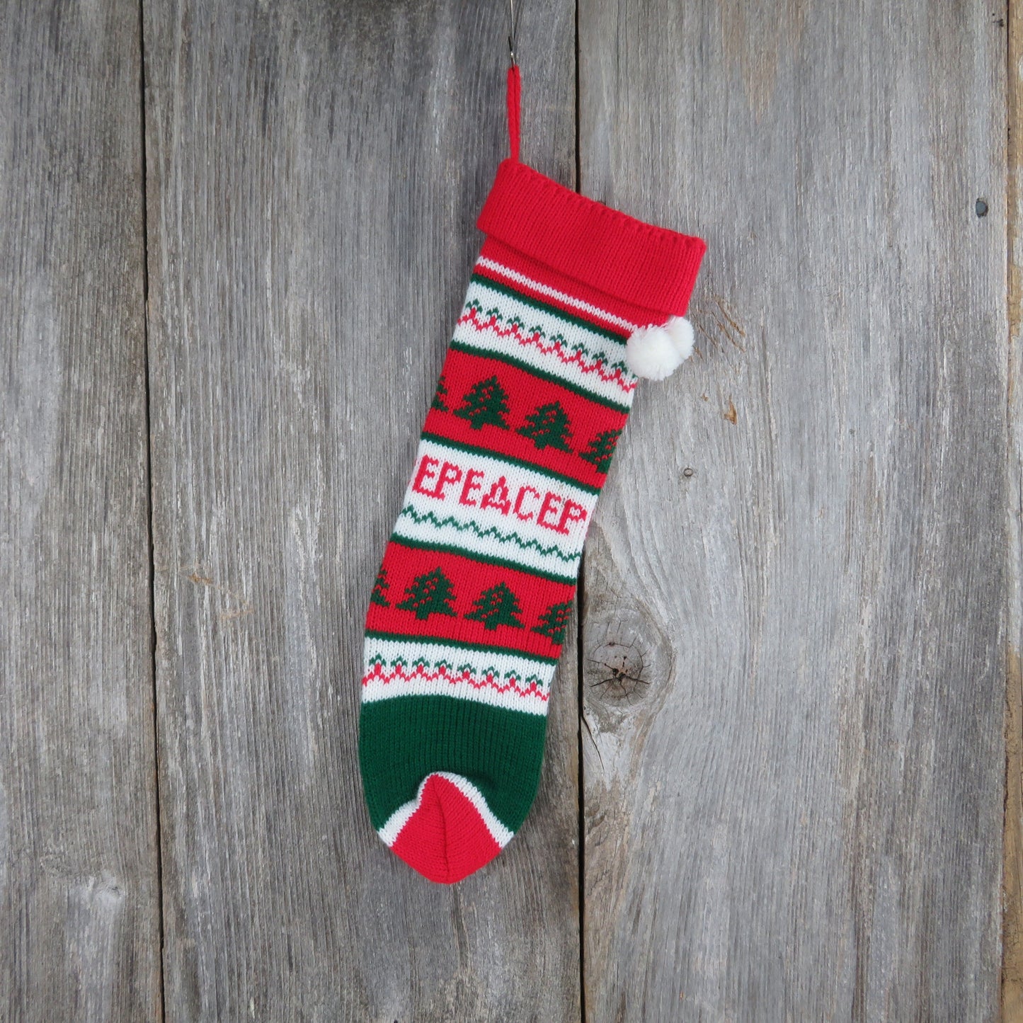 Vintage Peace Tree Knit Stocking Striped Christmas Red Green White Pom Pom