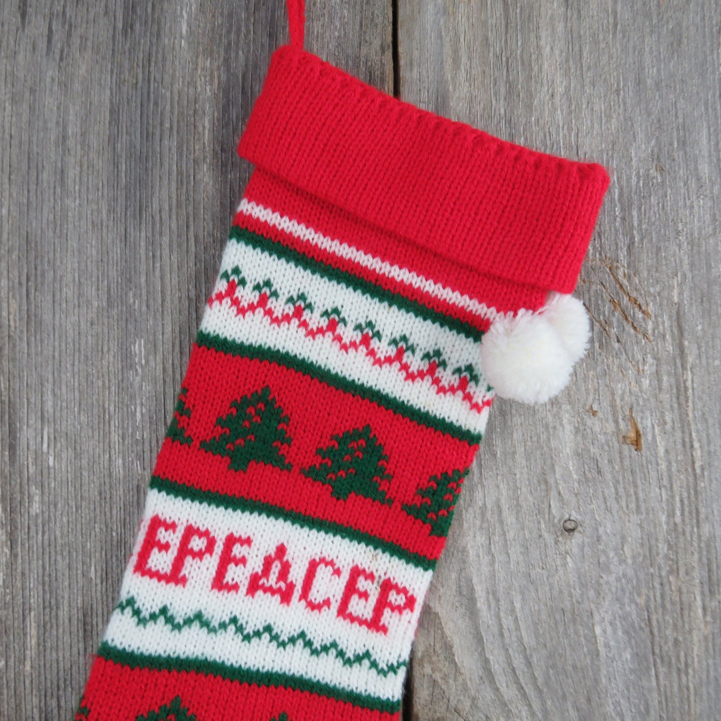 Vintage Peace Tree Knit Stocking Striped Christmas Red Green White Pom Pom