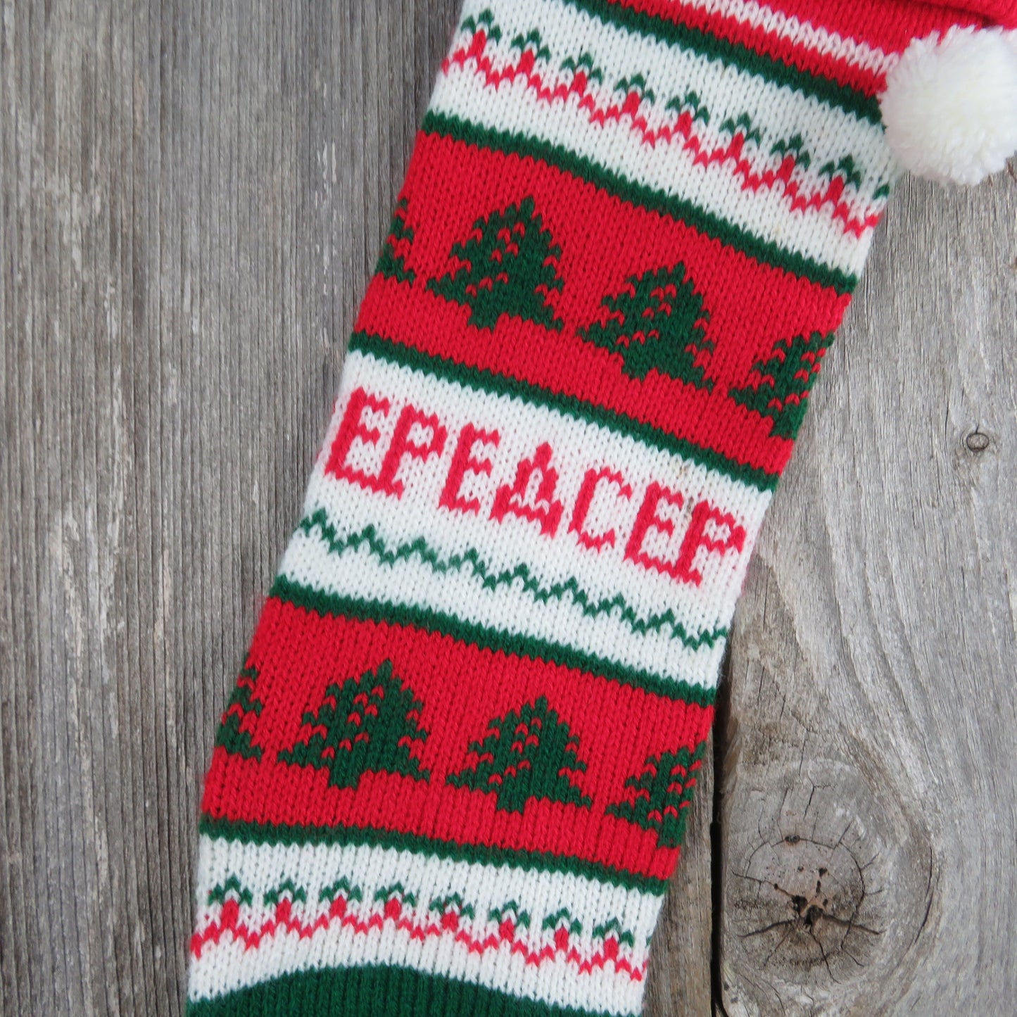 Vintage Peace Tree Knit Stocking Striped Christmas Red Green White Pom Pom