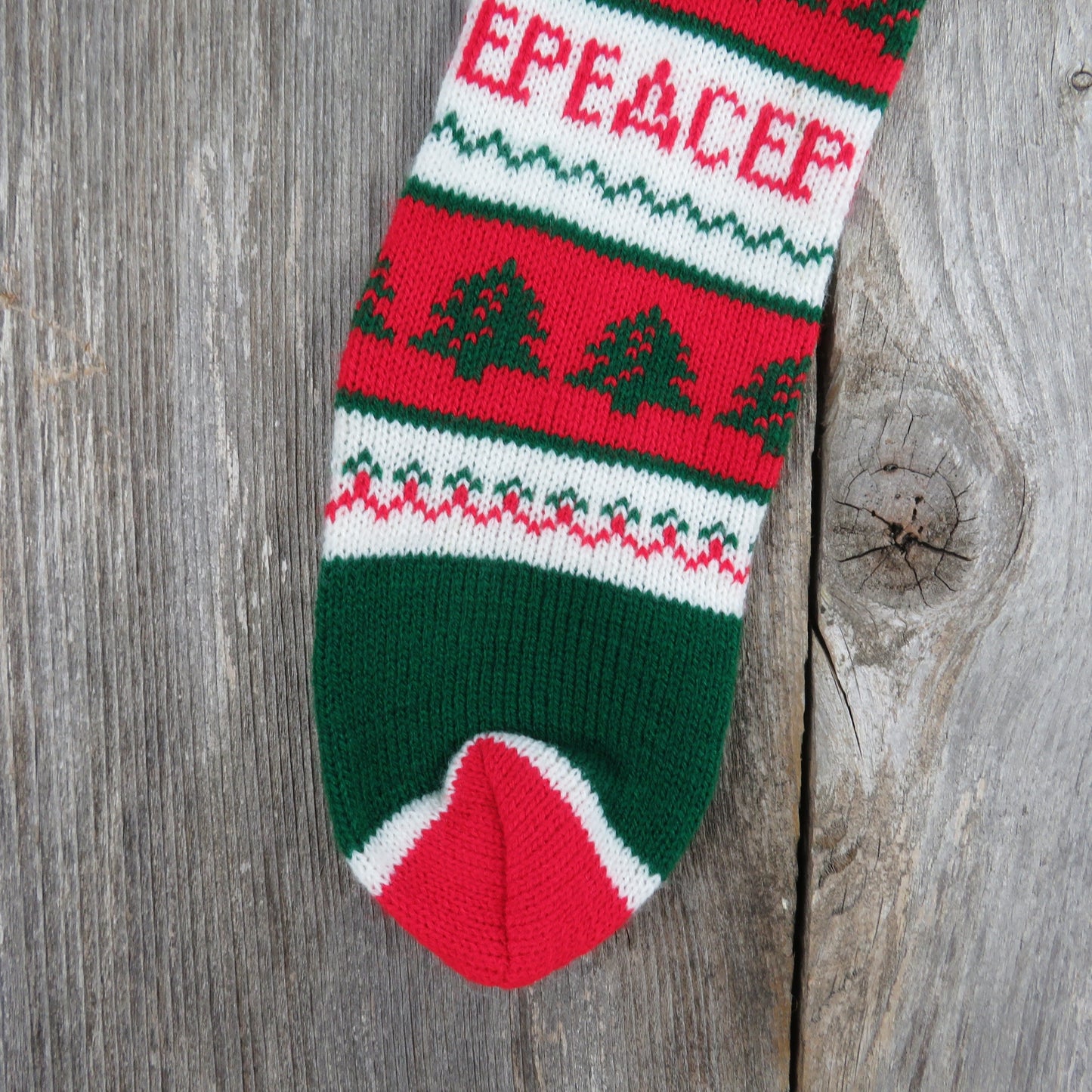 Vintage Peace Tree Knit Stocking Striped Christmas Red Green White Pom Pom