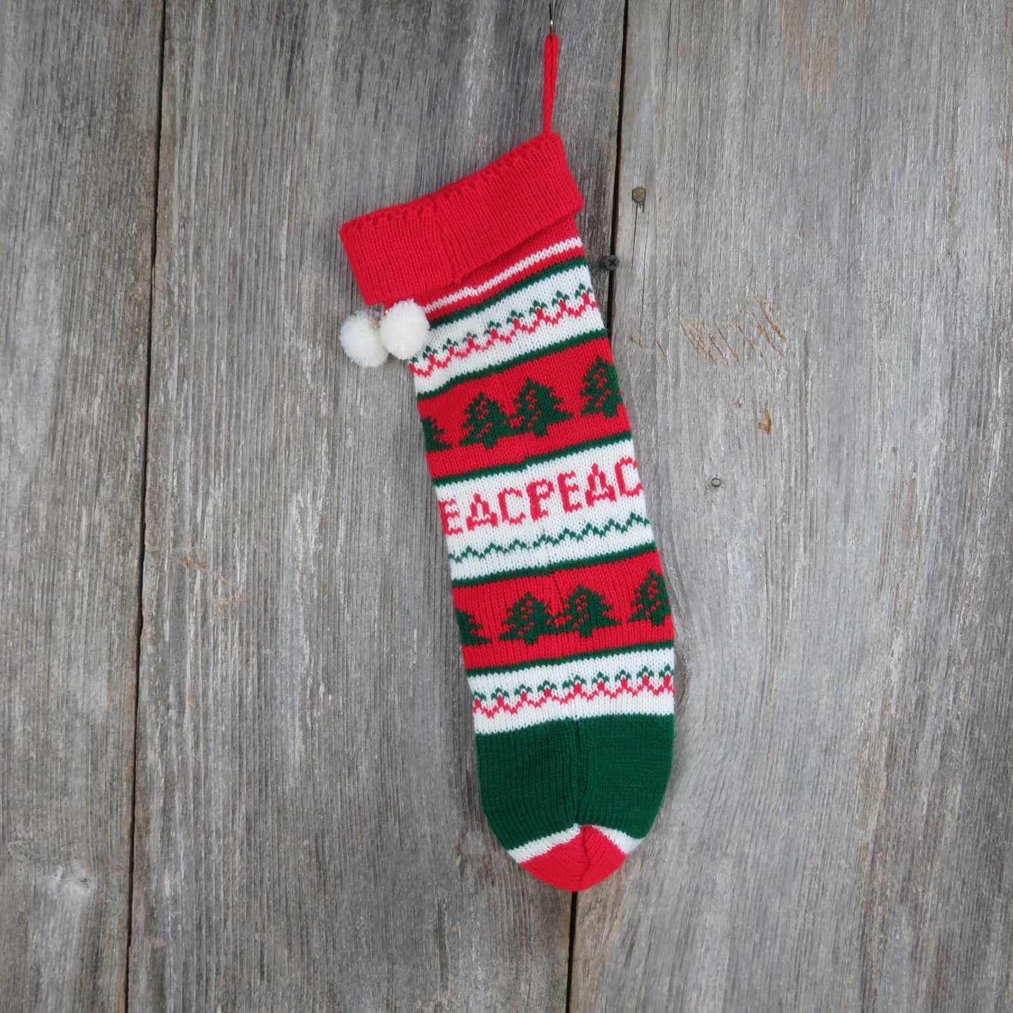 Vintage Peace Tree Knit Stocking Striped Christmas Red Green White Pom Pom