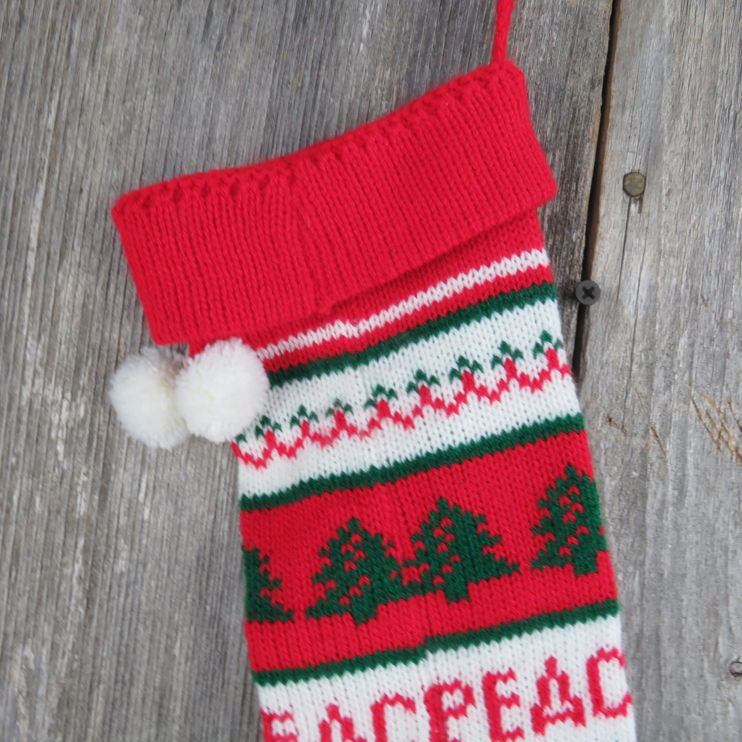 Vintage Peace Tree Knit Stocking Striped Christmas Red Green White Pom Pom