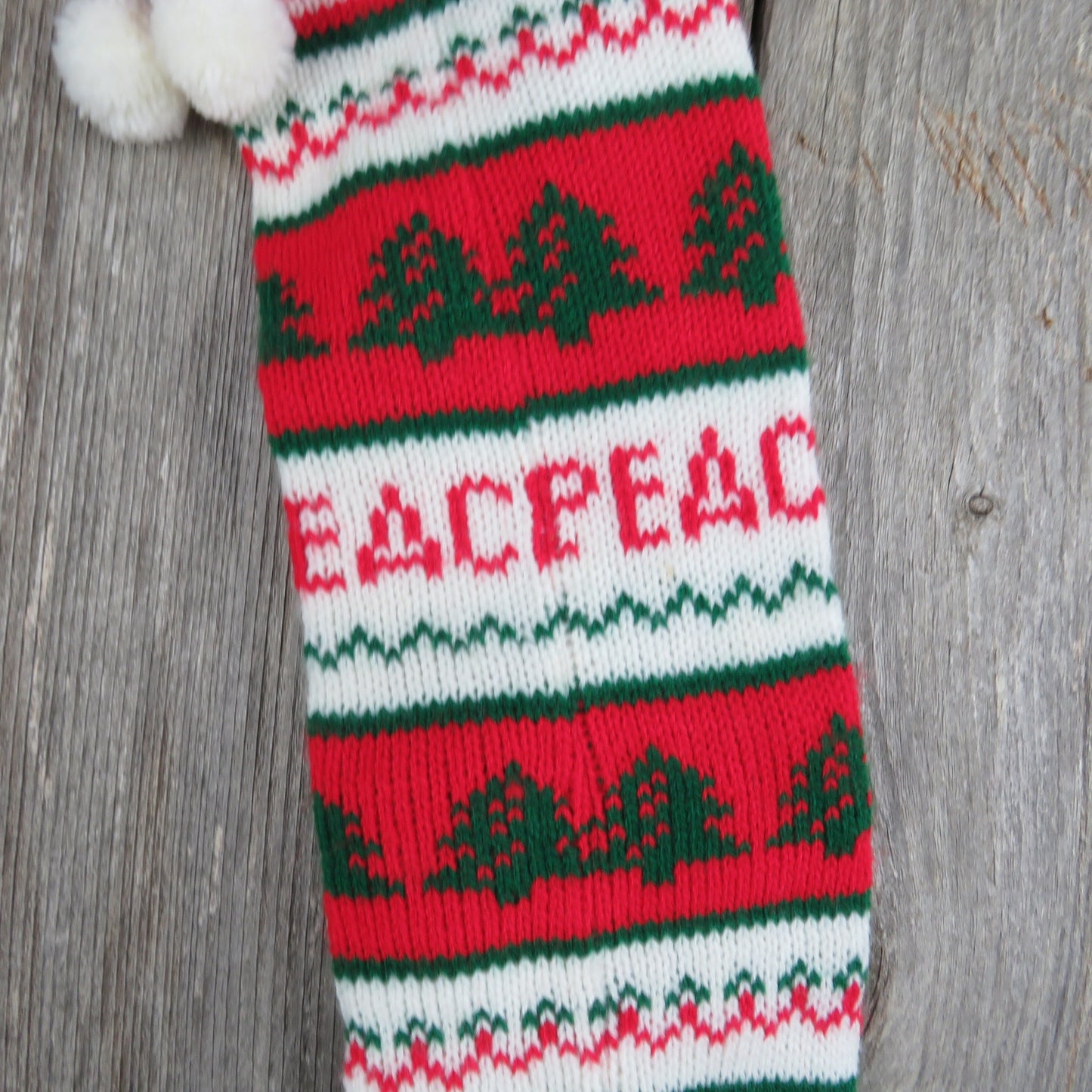 Vintage Peace Tree Knit Stocking Striped Christmas Red Green White Pom Pom