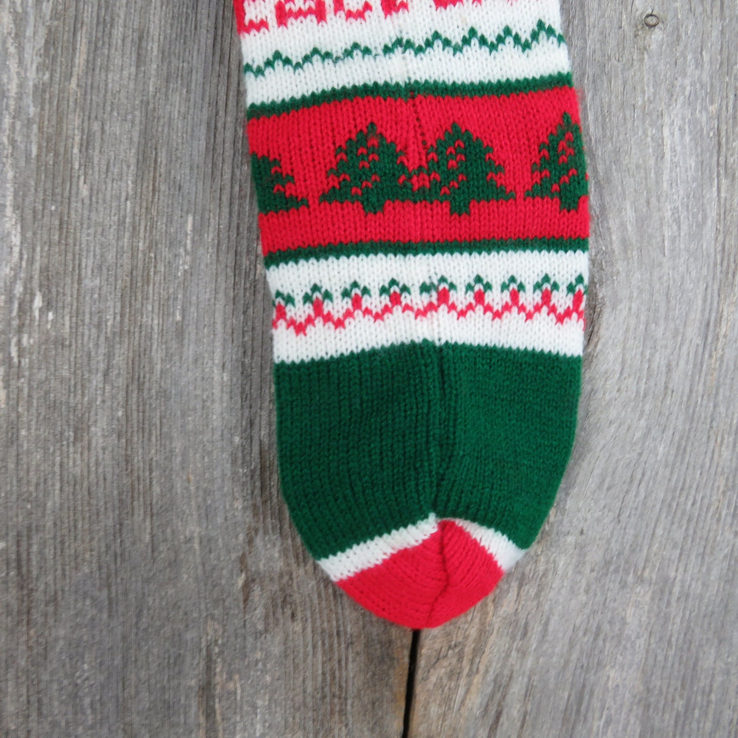 Vintage Peace Tree Knit Stocking Striped Christmas Red Green White Pom Pom