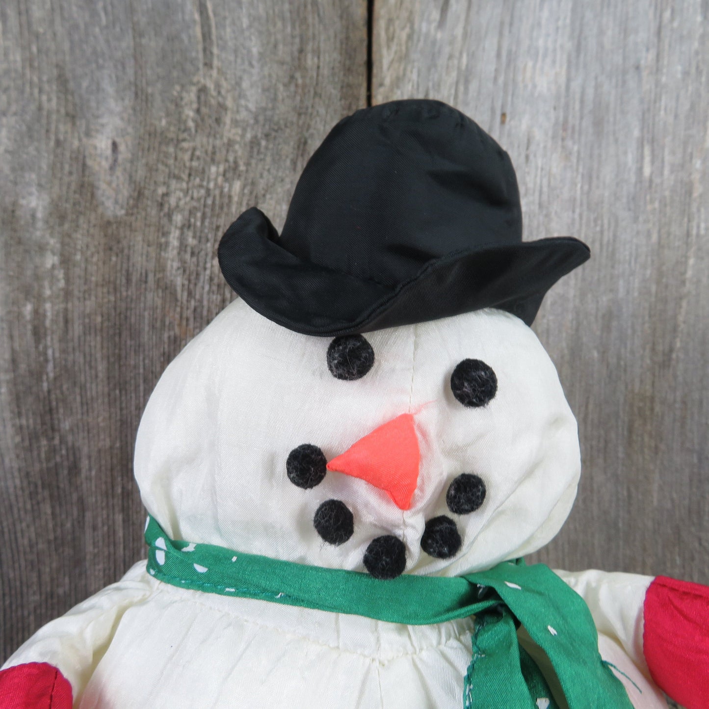 Vintage Snowman Plush Hallmark Nylon Stuffed Animal Christmas Green Scarf Mittens Top Hat Winter Decoration