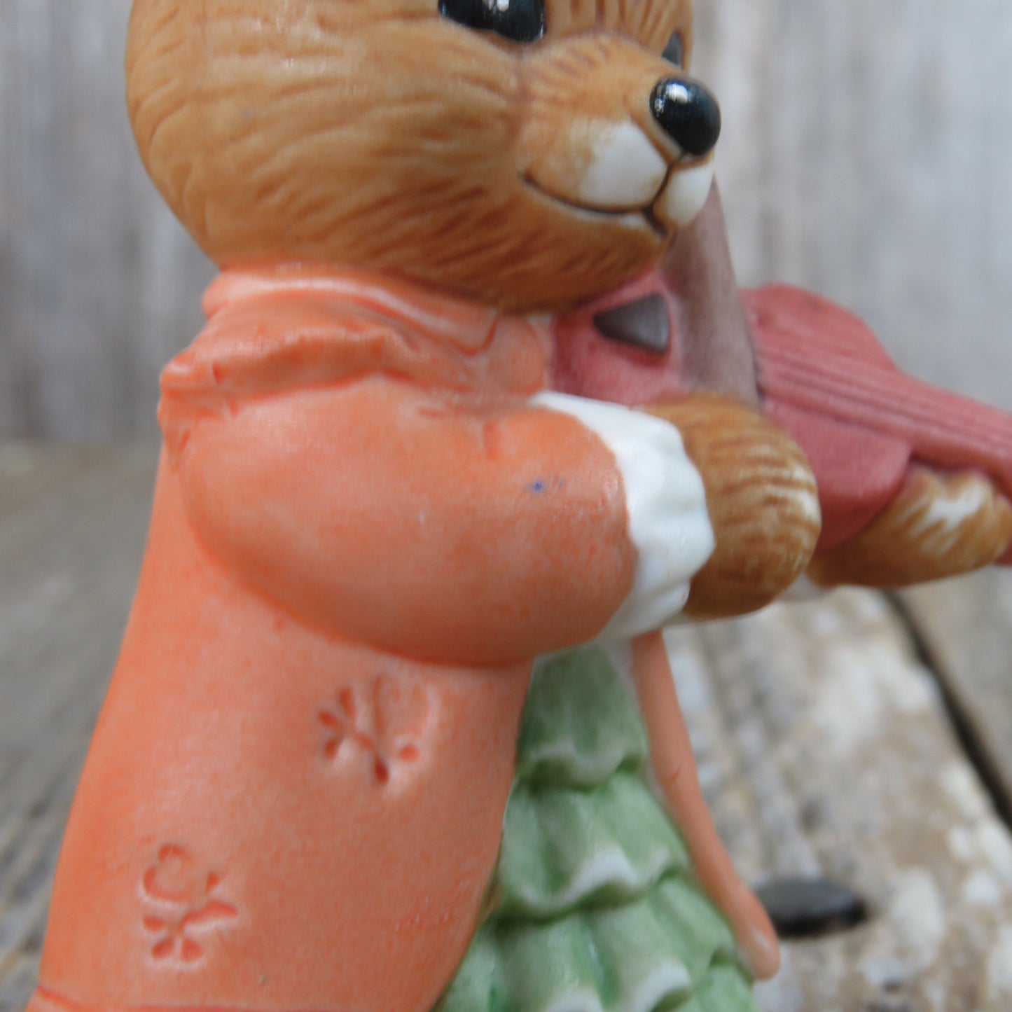 Vintage Bear with Violin Figurine Homco Fiddle Music Fall Autumn Orange Green Dress Girl 1422