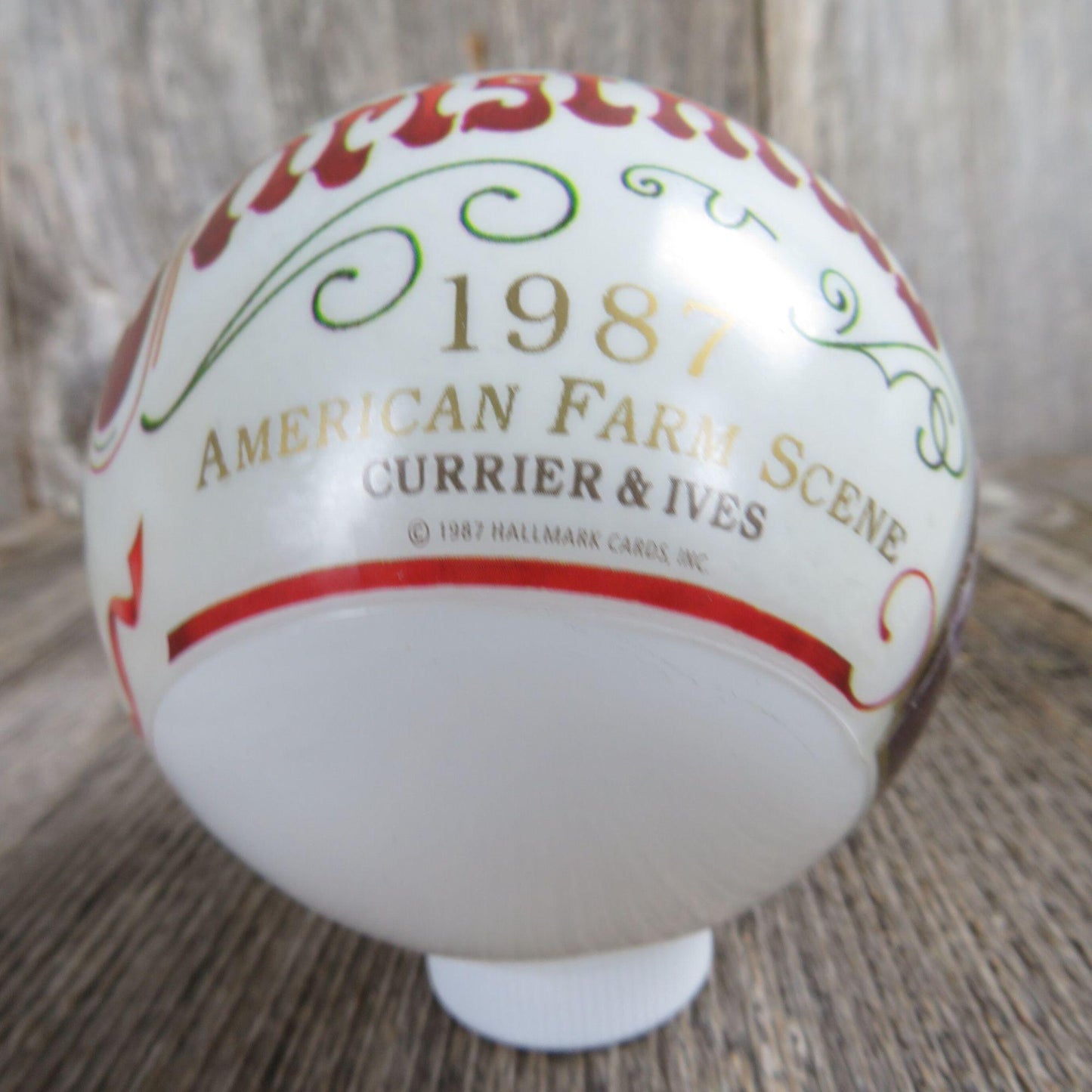 Vintage Currier and Ives Wrapped Glass Ball Ornament American Farm Scene Hallmark 1987