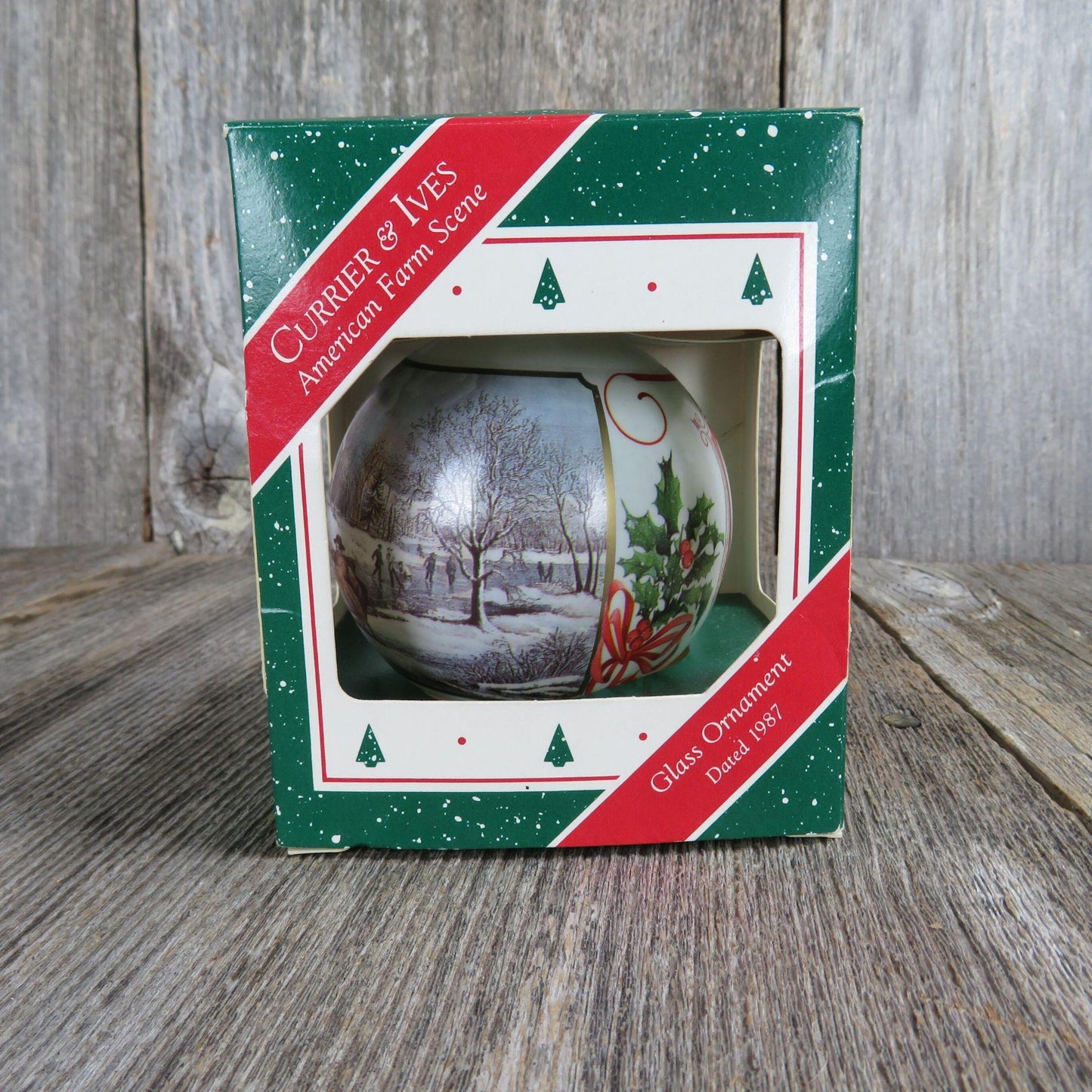 Vintage Currier and Ives Wrapped Glass Ball Ornament American Farm Scene Hallmark 1987