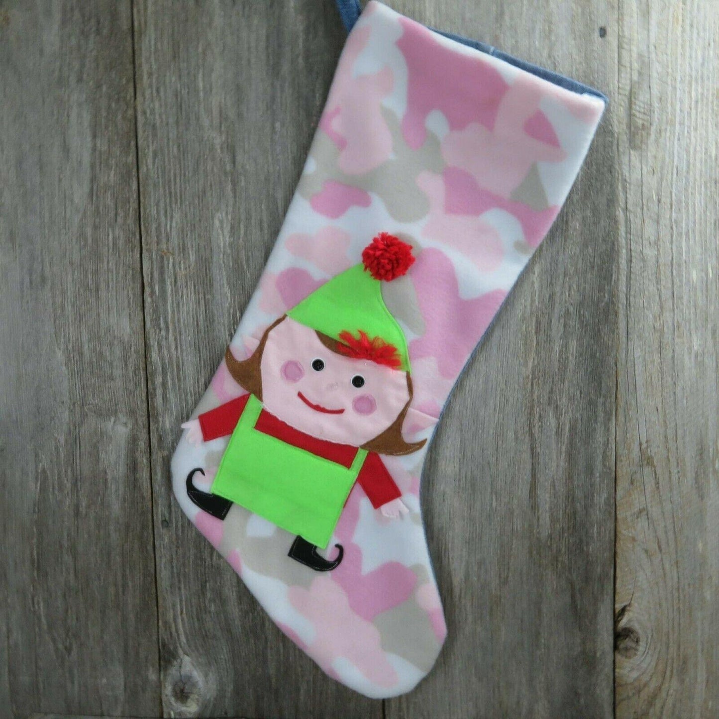 Handmade Pink Camo Fleece Denim Jeans Santa's Elf Christmas Stocking Jumbo 27"