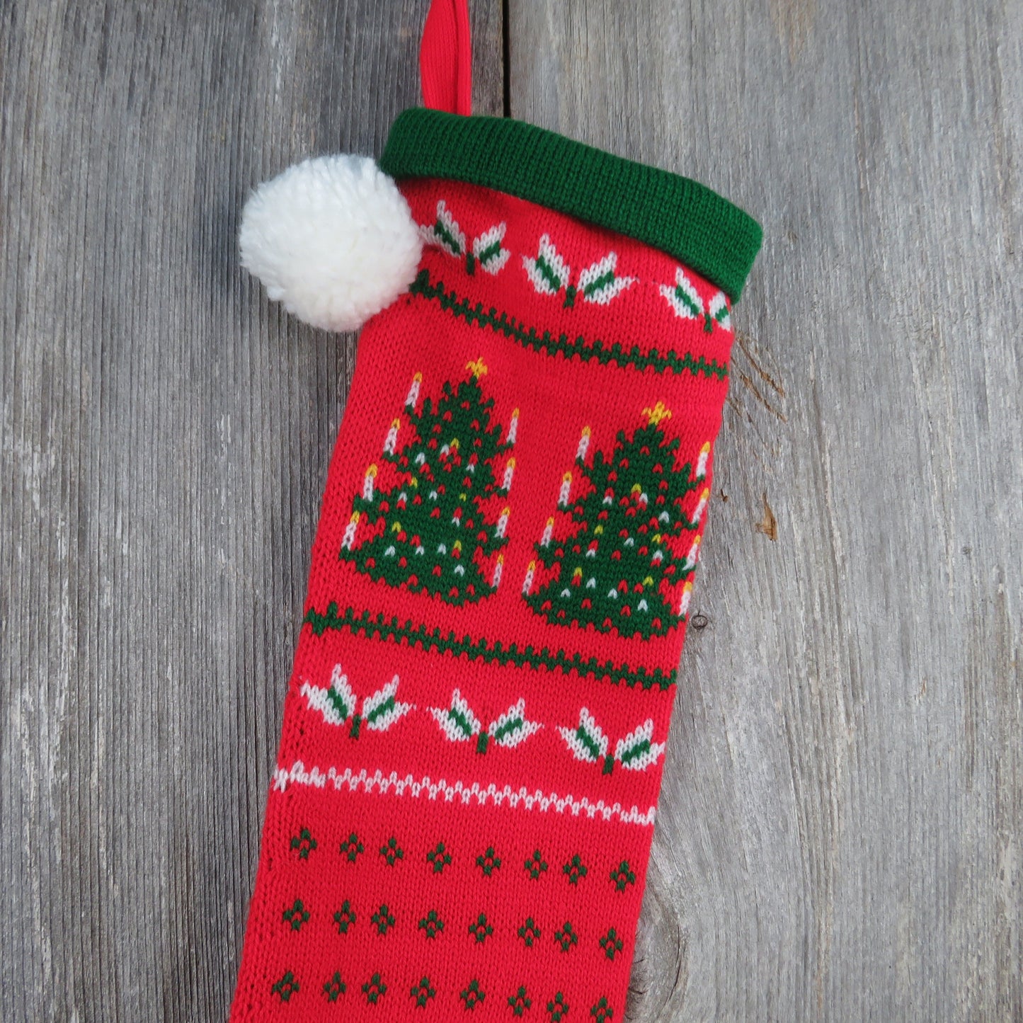 Vintage Double Christmas Tree Stocking Knitted Knit Green Red White 1980s Pom Pom