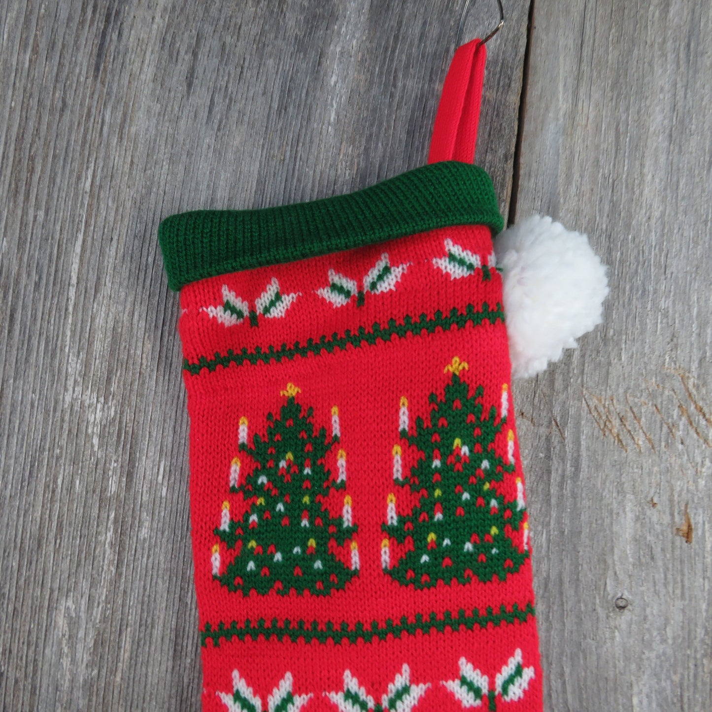 Vintage Double Christmas Tree Stocking Knitted Knit Green Red White 1980s Pom Pom