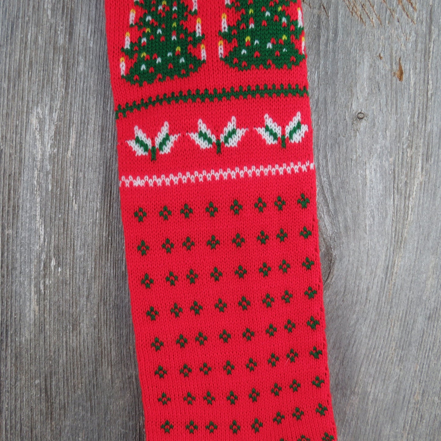 Vintage Double Christmas Tree Stocking Knitted Knit Green Red White 1980s Pom Pom