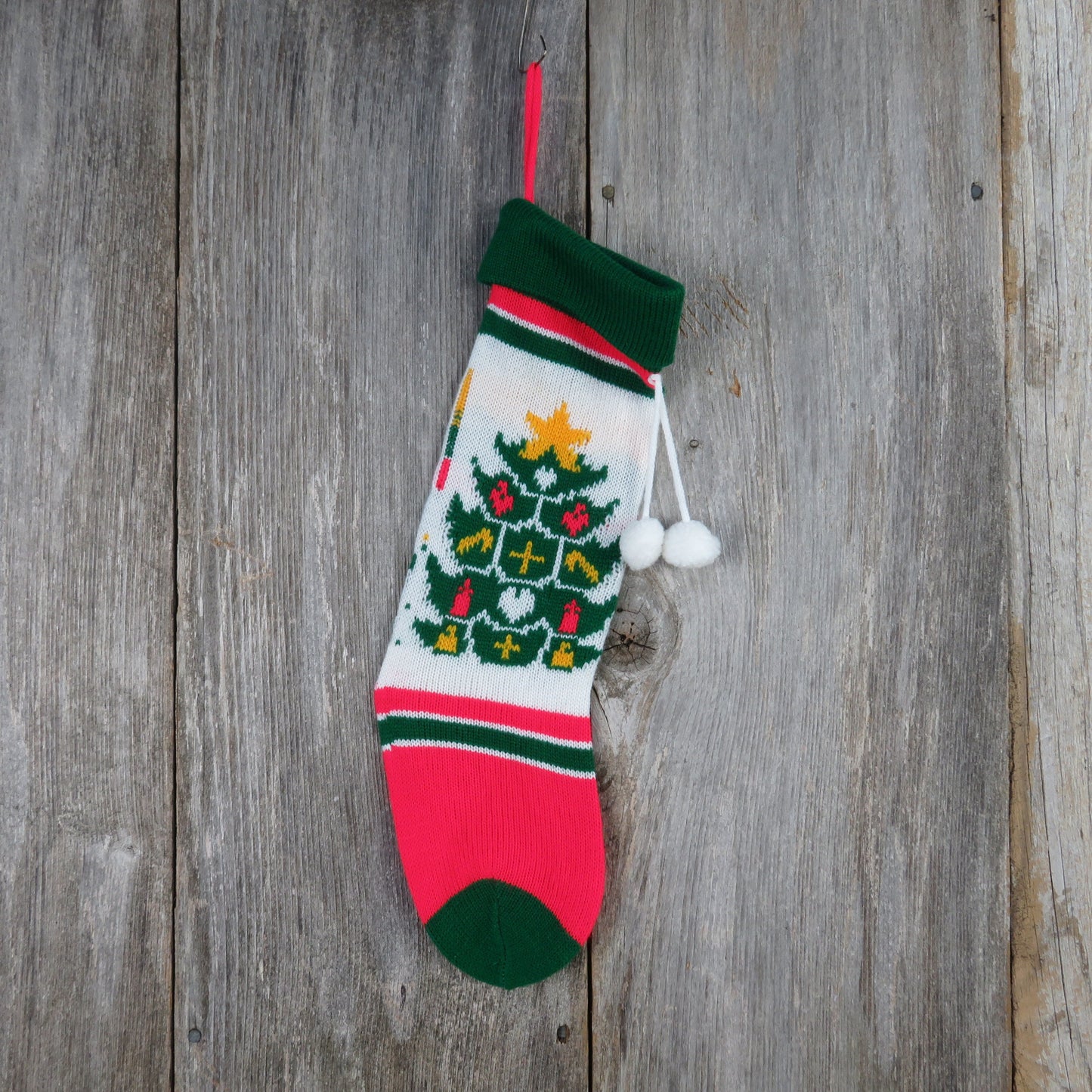 Vintage Knit Tree Stocking Christmas Star Large Single Tree Green Red White Pom Pom