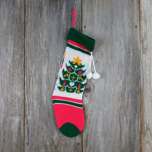 Vintage Knit Tree Stocking Christmas Star Large Single Tree Green Red White Pom Pom