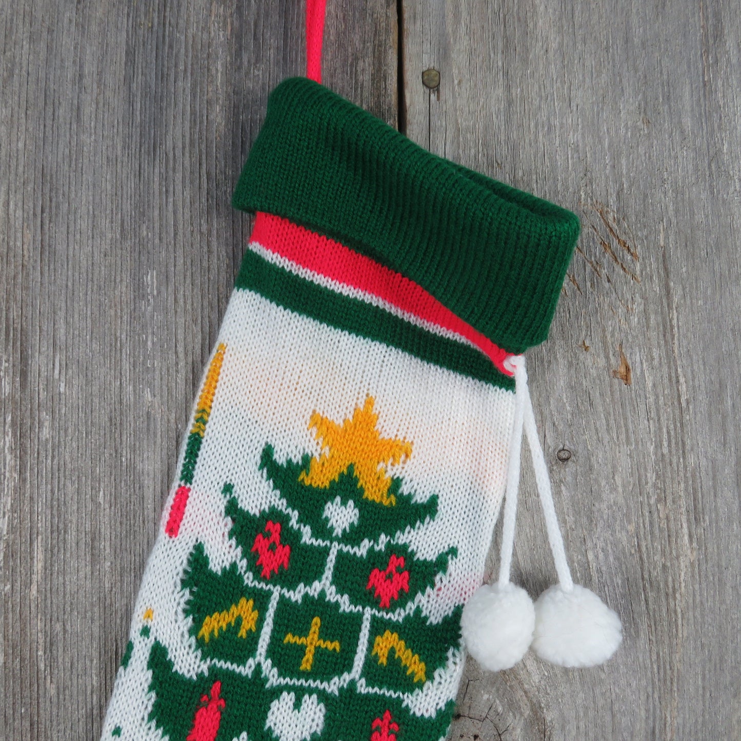 Vintage Knit Tree Stocking Christmas Star Large Single Tree Green Red White Pom Pom