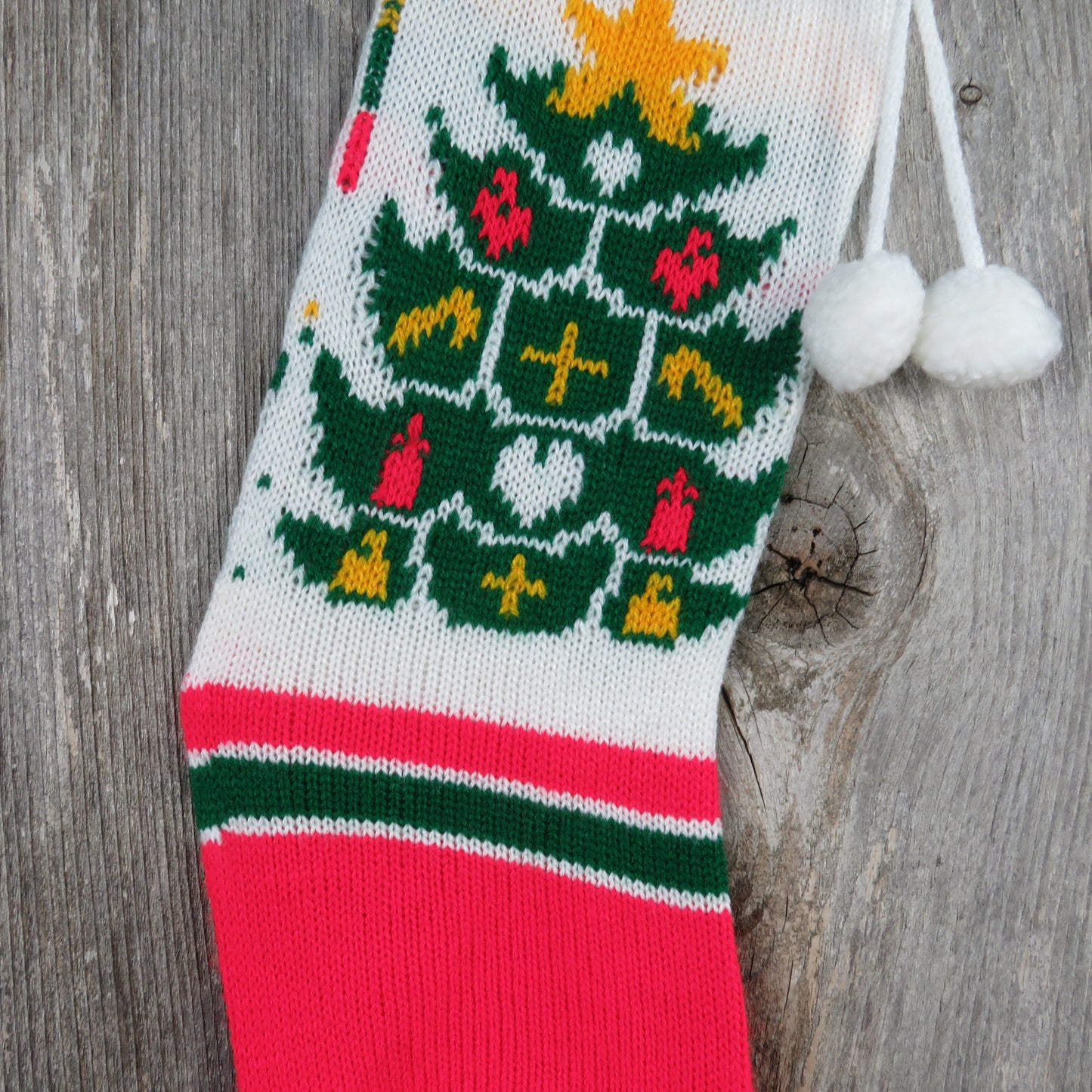 Vintage Knit Tree Stocking Christmas Star Large Single Tree Green Red White Pom Pom