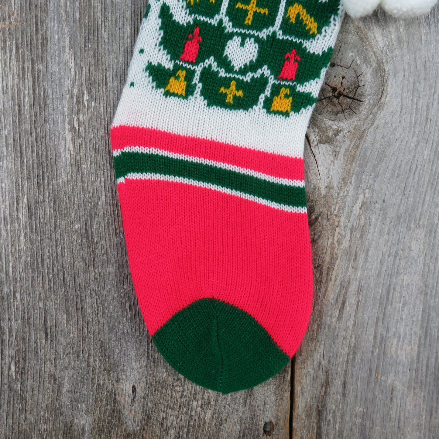 Vintage Knit Tree Stocking Christmas Star Large Single Tree Green Red White Pom Pom