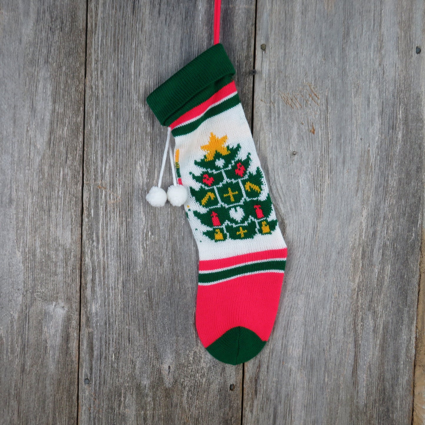 Vintage Knit Tree Stocking Christmas Star Large Single Tree Green Red White Pom Pom