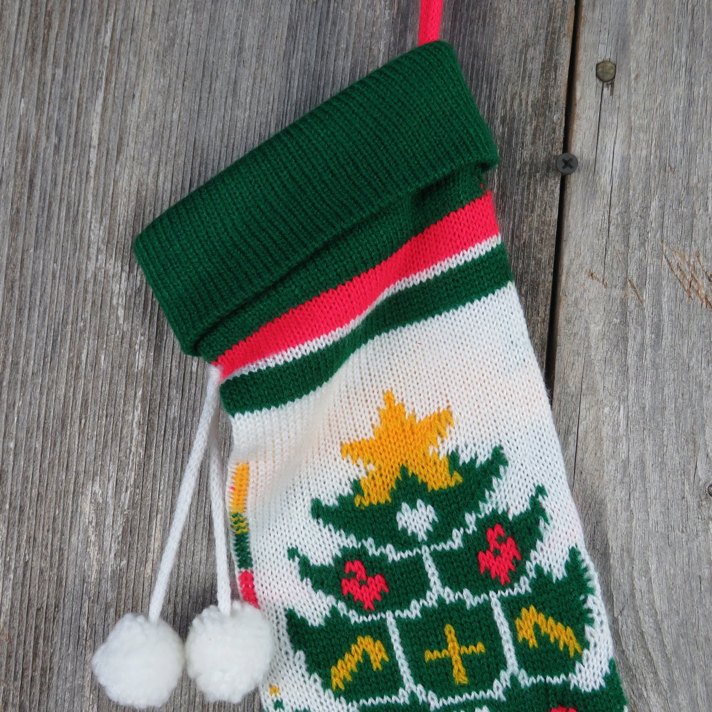 Vintage Knit Tree Stocking Christmas Star Large Single Tree Green Red White Pom Pom