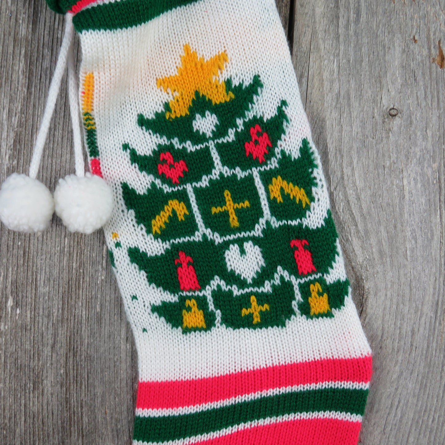 Vintage Knit Tree Stocking Christmas Star Large Single Tree Green Red White Pom Pom