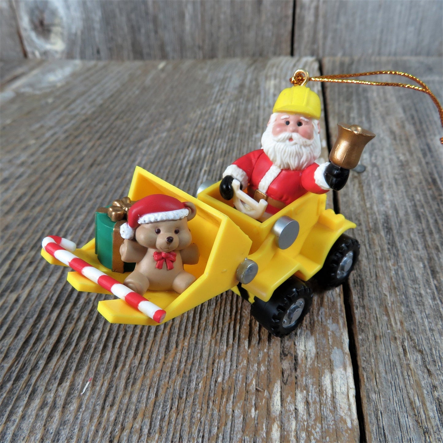 Vintage Santa Bulldozer Ornament Yellow Tractor Equipment Christmas Westmar Digger Teddy Bear Gift Candy Cane