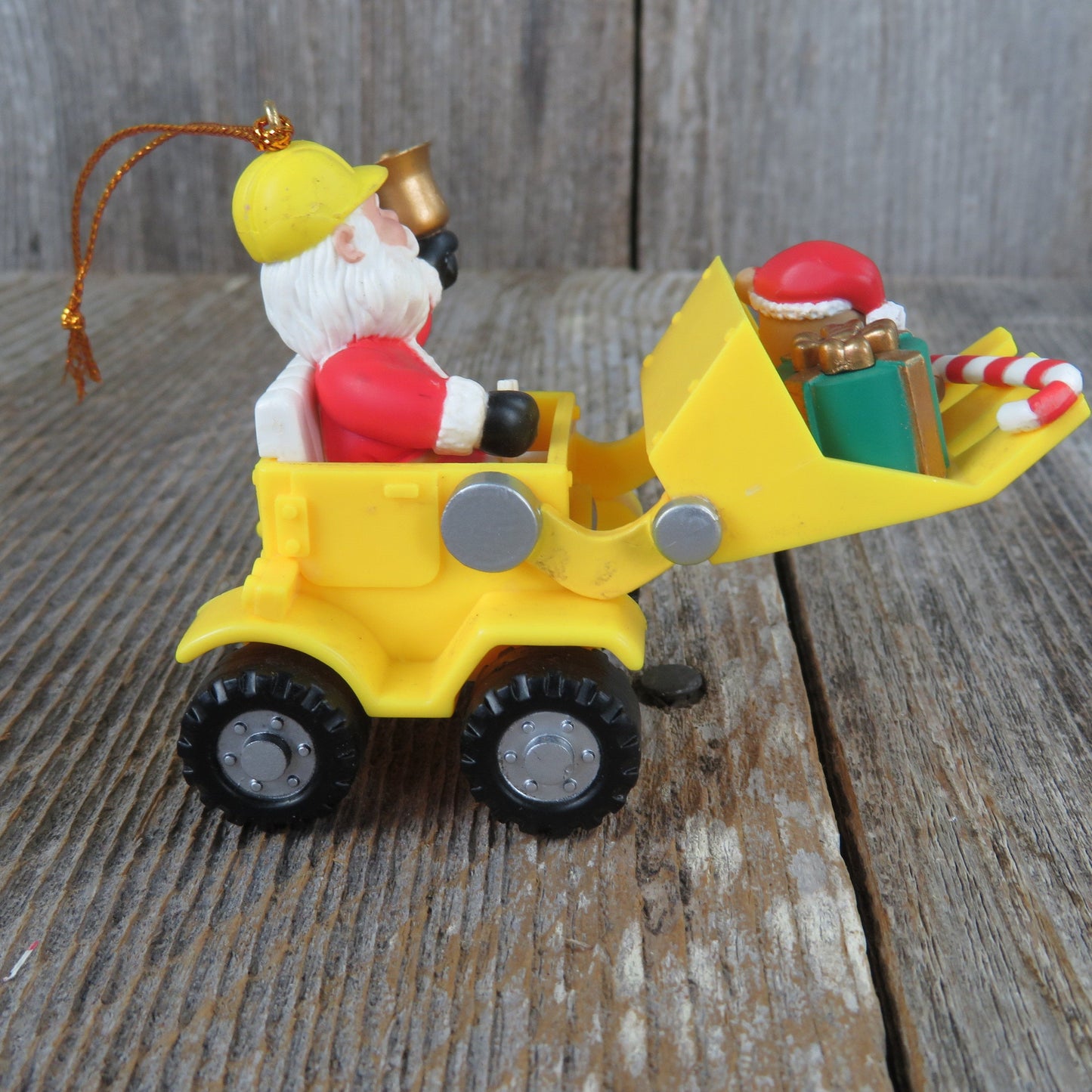 Vintage Santa Bulldozer Ornament Yellow Tractor Equipment Christmas Westmar Digger Teddy Bear Gift Candy Cane