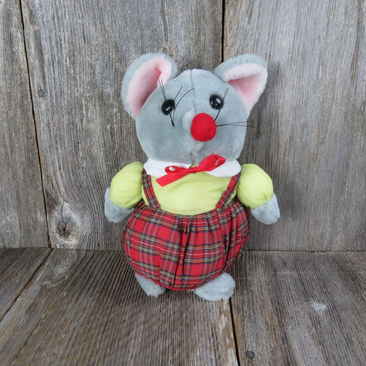 Vintage Mouse Plush with Fabric Body Plaid Yellow Shirt Nylon Pachinko Palace