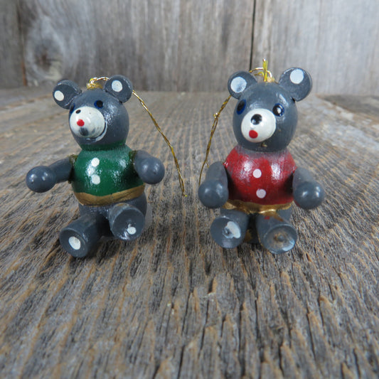 Vintage Teddy Bear Wooden Ornament Set Red Green Vest Grey Mini Christmas Tree Ornament Set A