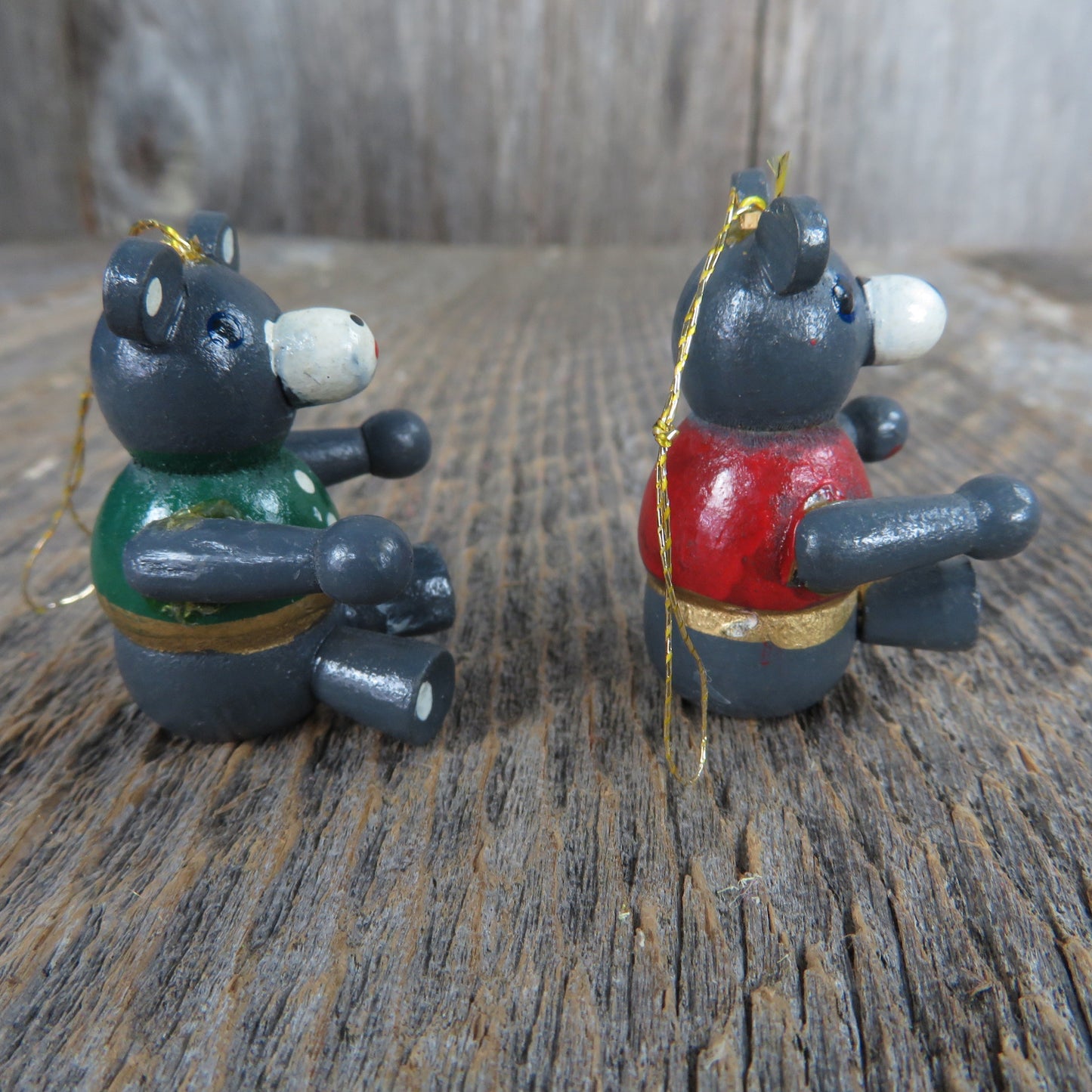 Vintage Teddy Bear Wooden Ornament Set Red Green Vest Grey Mini Christmas Tree Ornament Set A