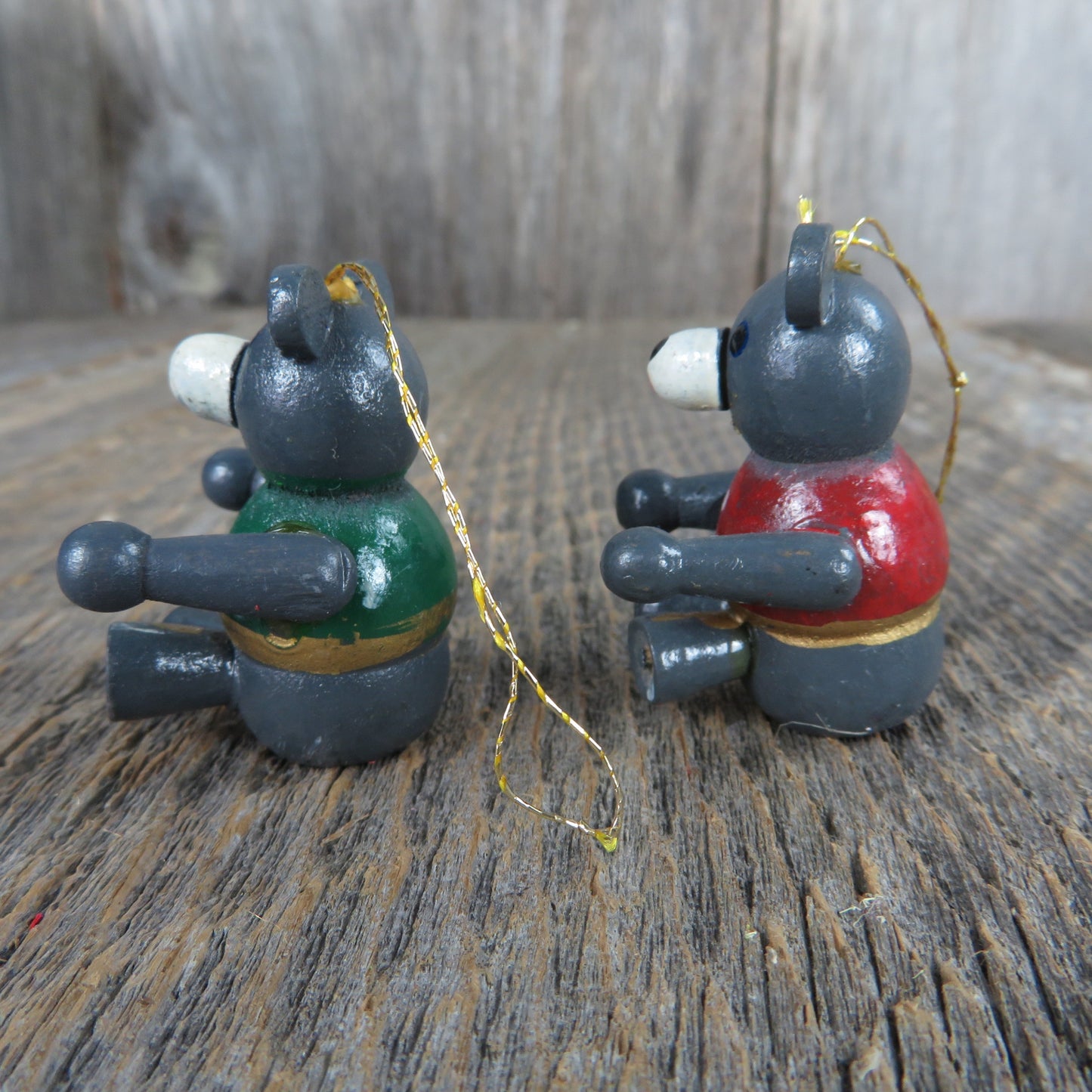 Vintage Teddy Bear Wooden Ornament Set Red Green Vest Grey Mini Christmas Tree Ornament Set A