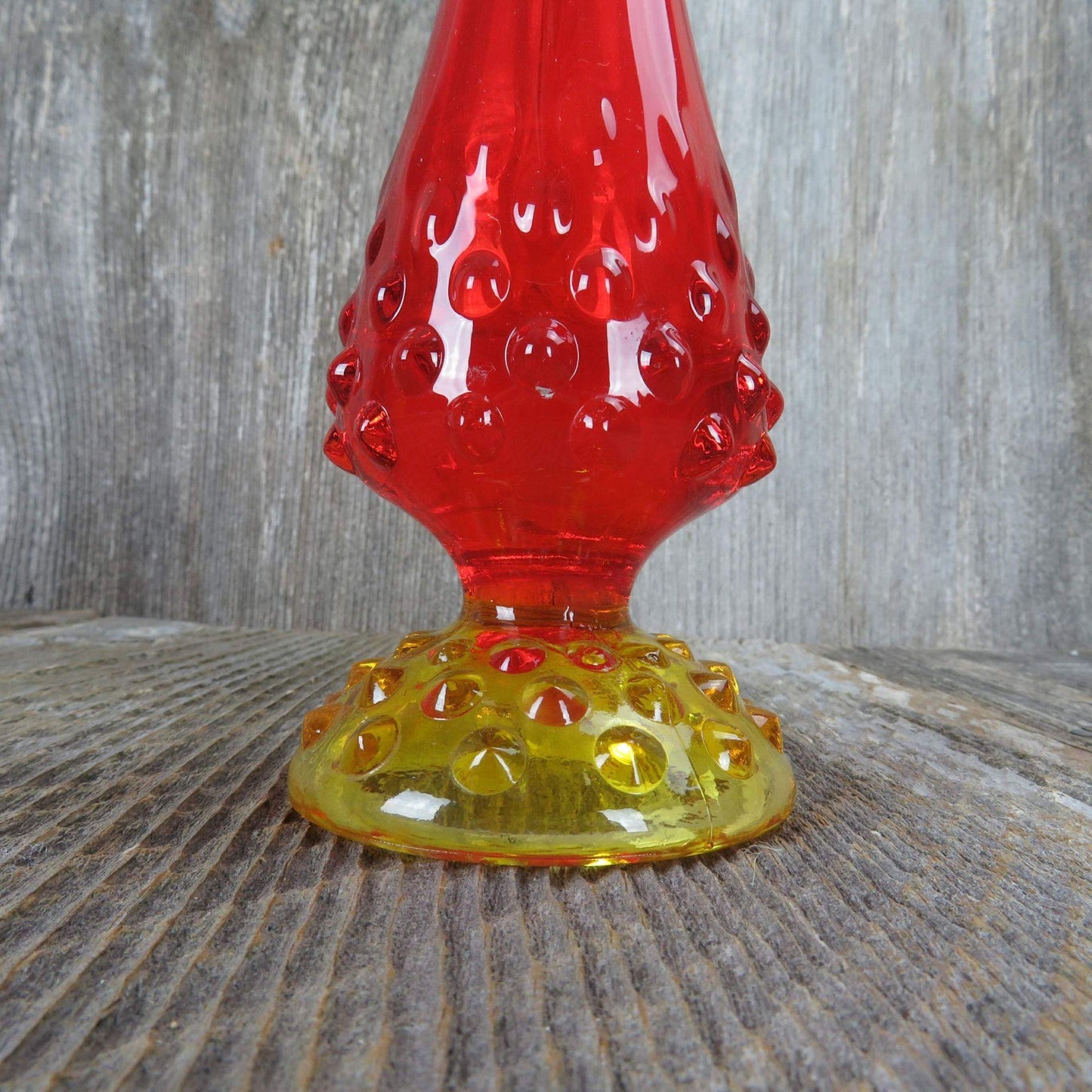 Vintage Fenton Art Glass Red Orange Yellow Hobnail 9" Rose Bud Swung Vase 2 Tone Mid Century Modern Amberina Colonial