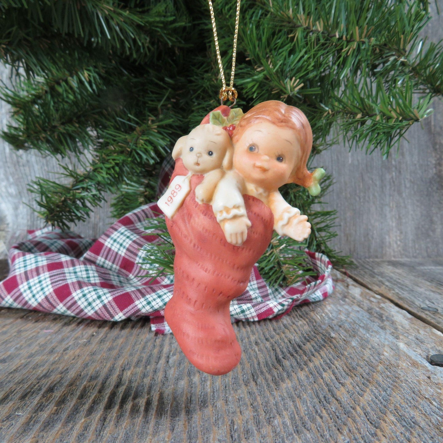 Vintage Doll and Lamb in Stocking Ornament A Surprise for Santa Little Girl Memories of Yesterday by Enesco 1989