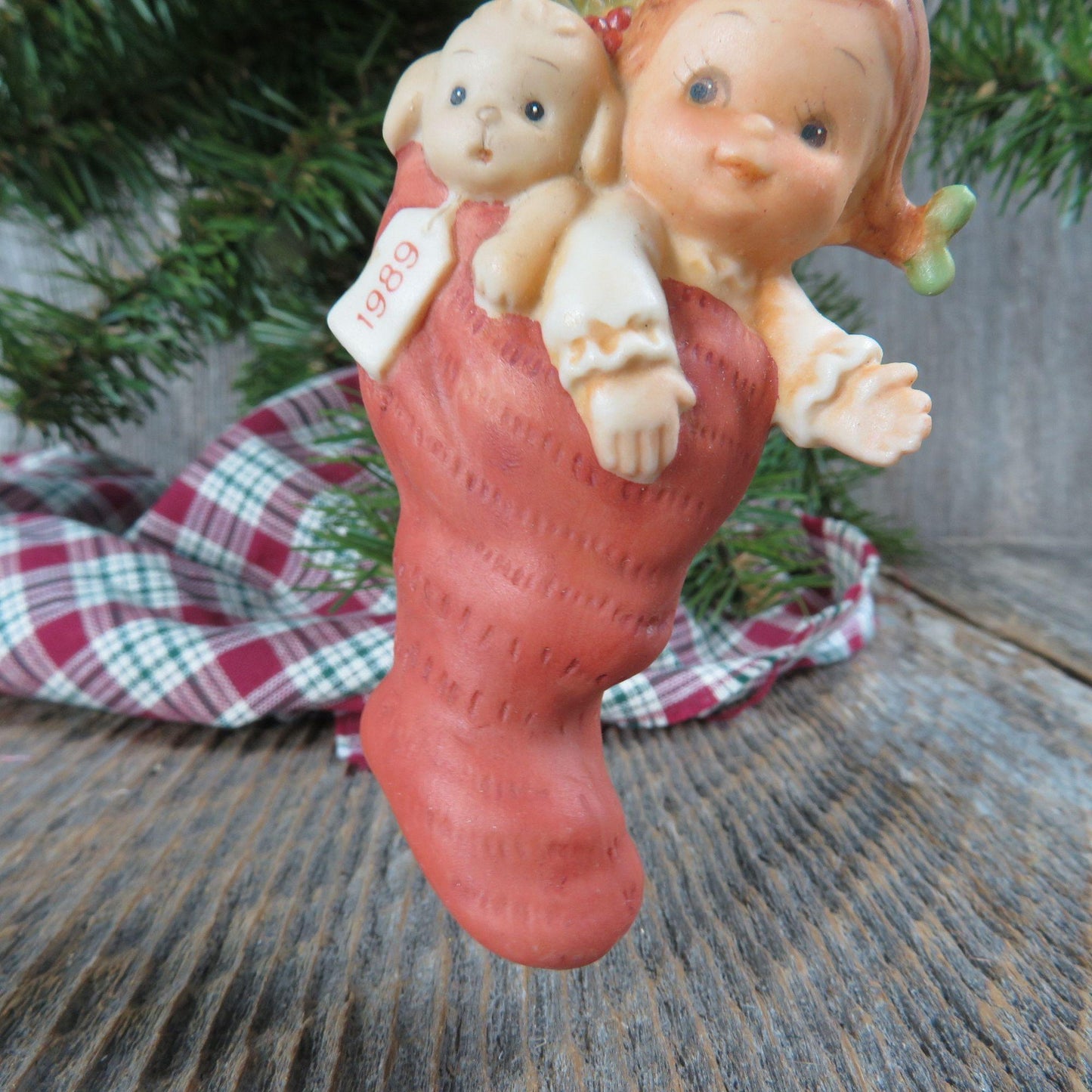 Vintage Doll and Lamb in Stocking Ornament A Surprise for Santa Little Girl Memories of Yesterday by Enesco 1989