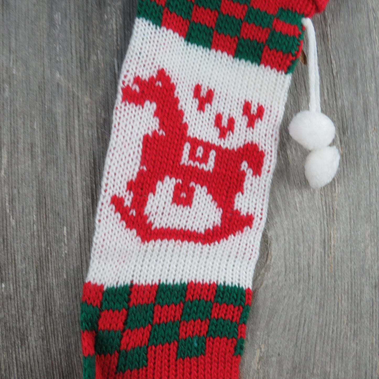 Vintage Rocking Horse Knit Stocking Silvestri Green Red White Checkered Pom Pom 1980s