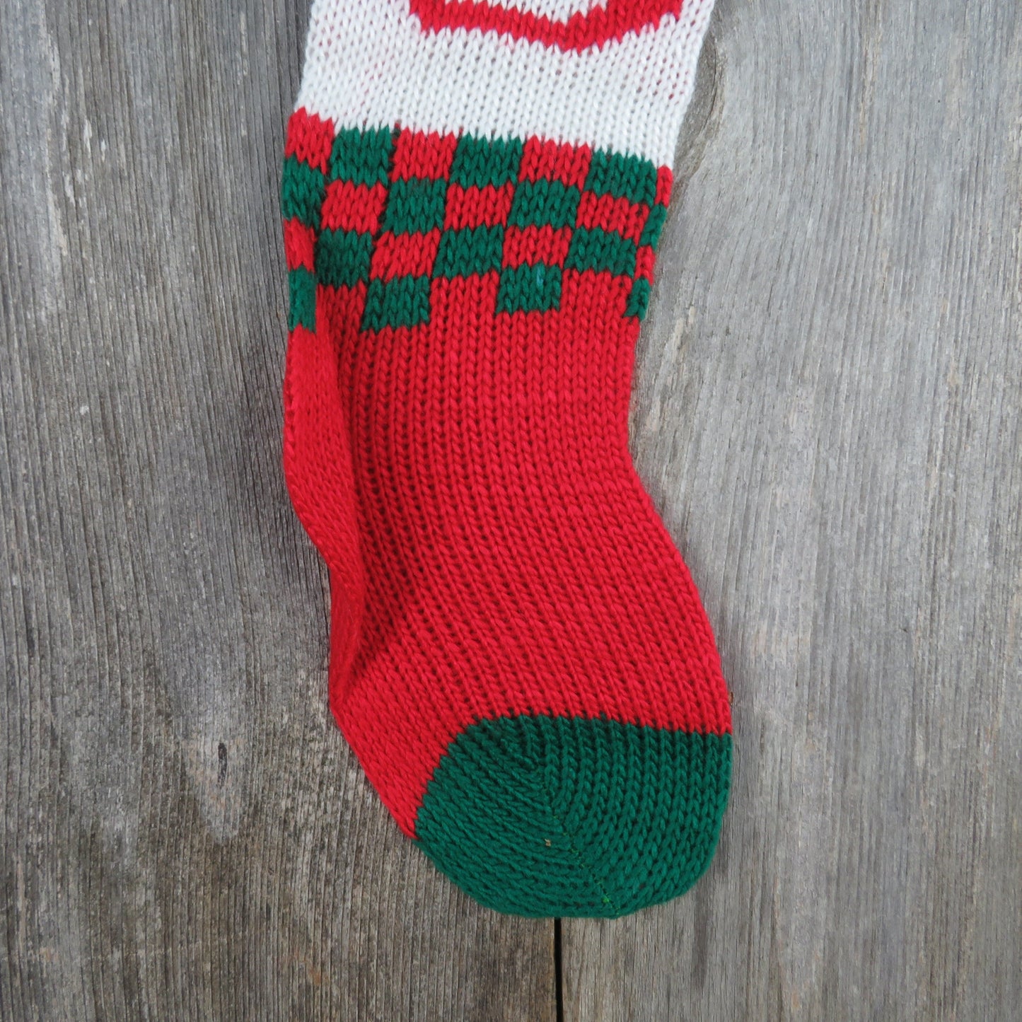 Vintage Rocking Horse Knit Stocking Silvestri Green Red White Checkered Pom Pom 1980s