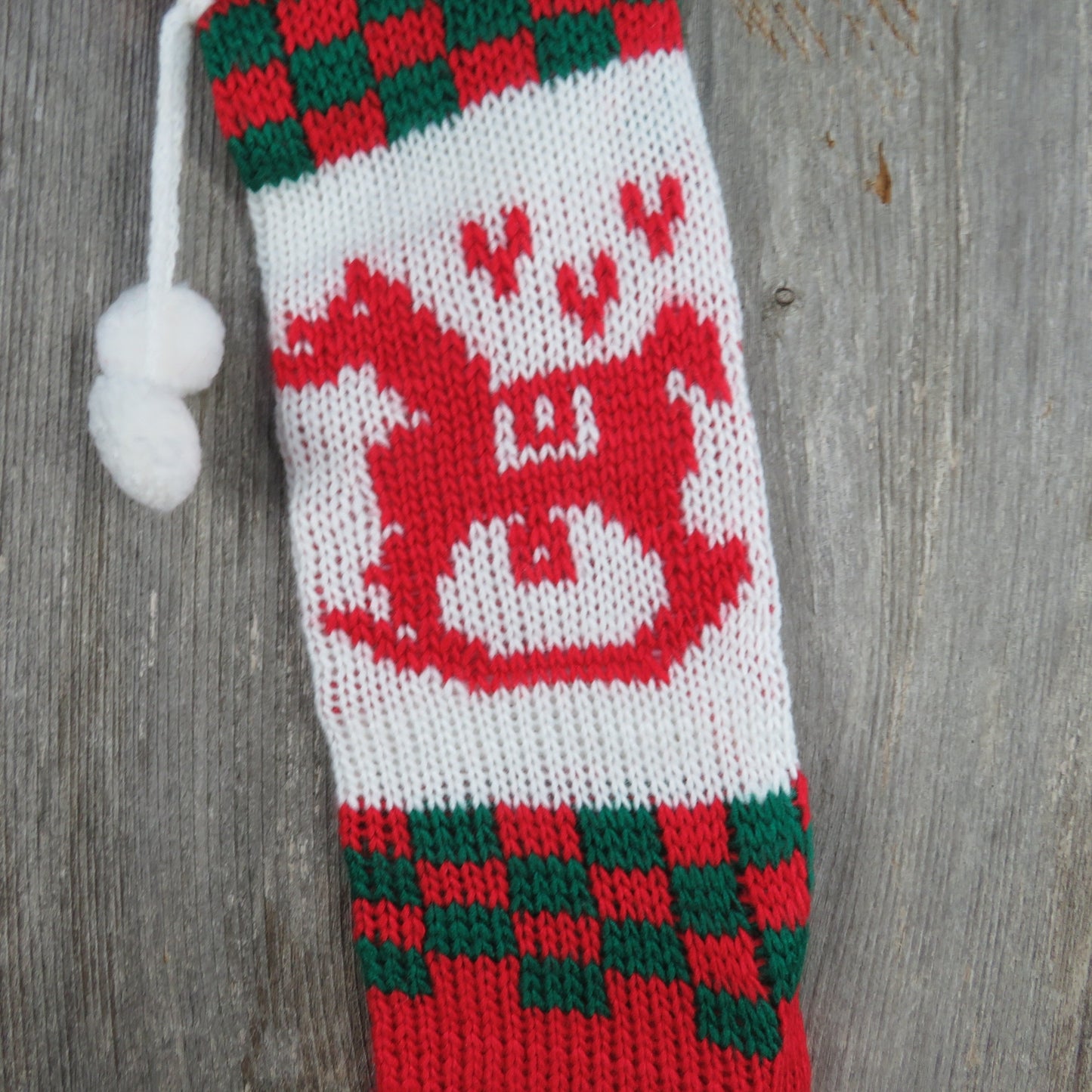 Vintage Rocking Horse Knit Stocking Silvestri Green Red White Checkered Pom Pom 1980s