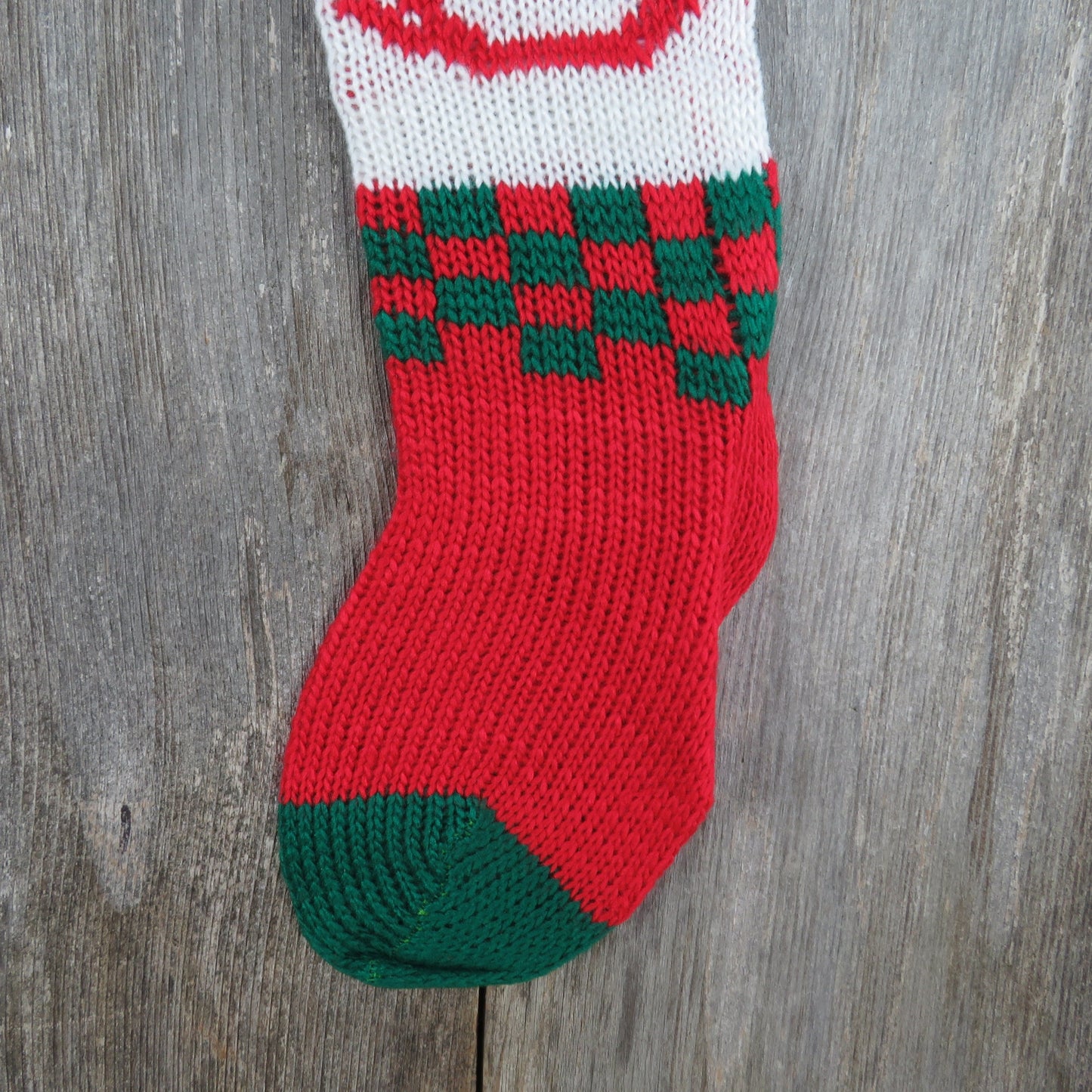 Vintage Rocking Horse Knit Stocking Silvestri Green Red White Checkered Pom Pom 1980s